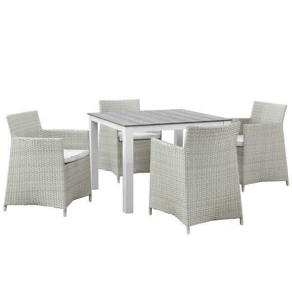 Primewir 5 Piece Junction Outdoor Patio Dining Set Gray plywood White Aluminum & White Poly Rattan EEI-1744-GRY-WHI-SET